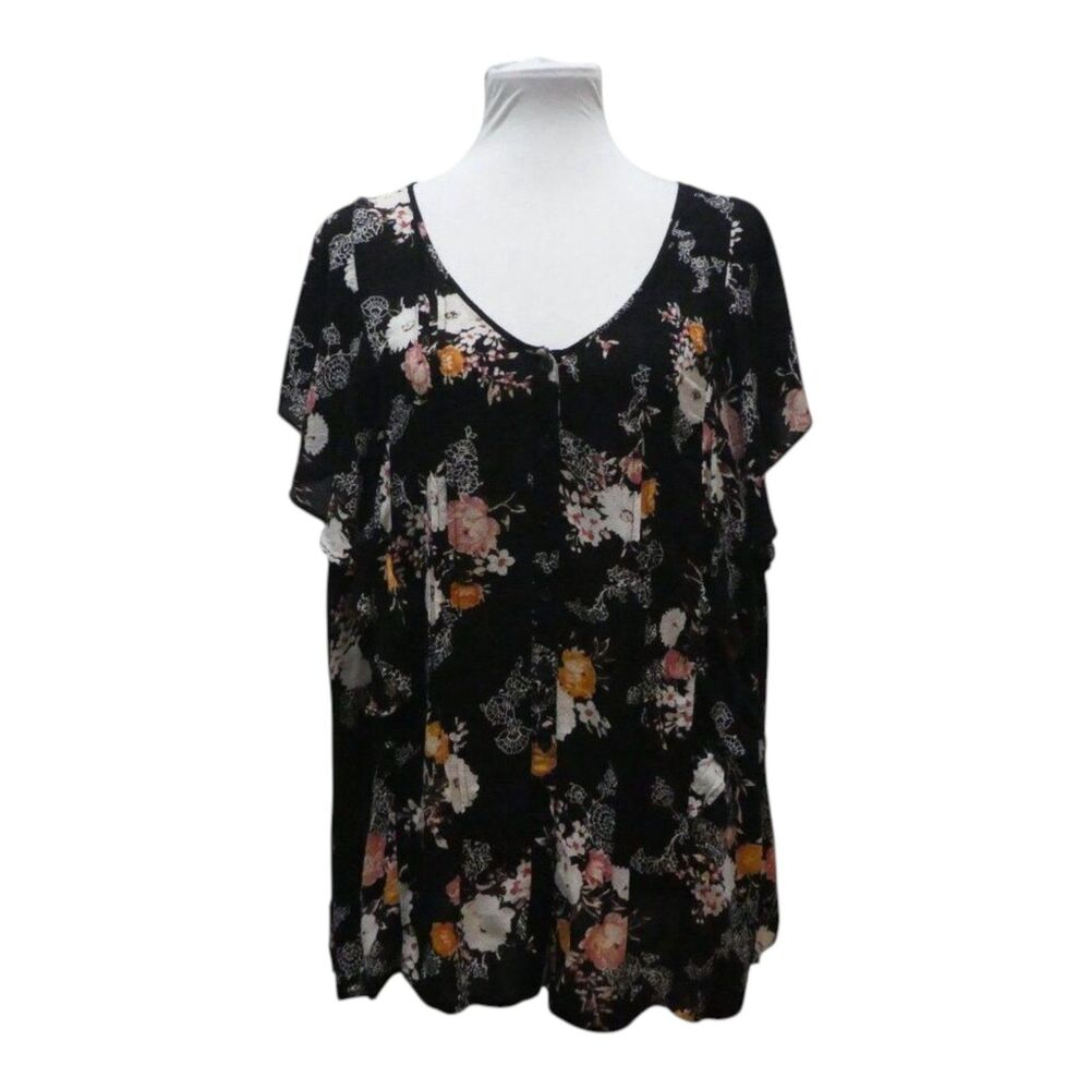 Torrid Black Floral Short Ruffle Sleeve Lightweight Blouse Top Womens 2X